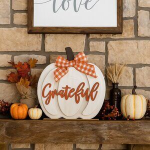 Farmhouse Grateful Pumpkin Sign | Rustic Fall Mantle Decor | Wooden Centerpiece